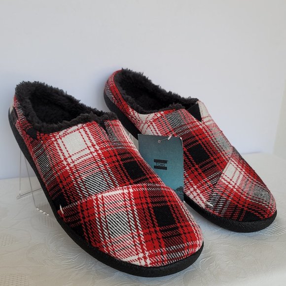TOMS Mens Berkeley Faux Fur Lined Slip-On Slippers-Red Plaid- Men's Size 12 - Picture 4 of 15